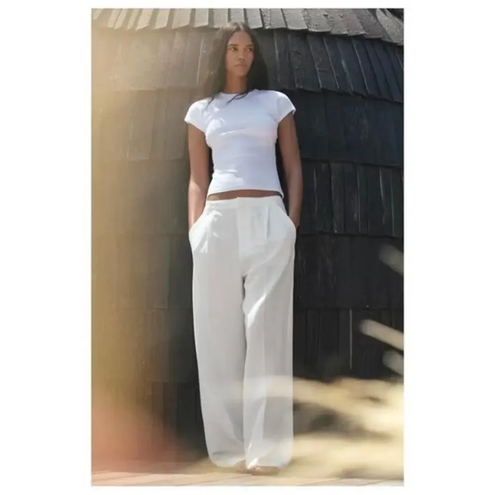 Zara | Women | White Linen Blend Pleated Summer Wide Leg Trousers | Medium